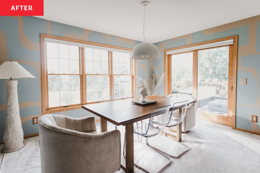 After: a large dining room painted blue and tan with big windows and glass doors