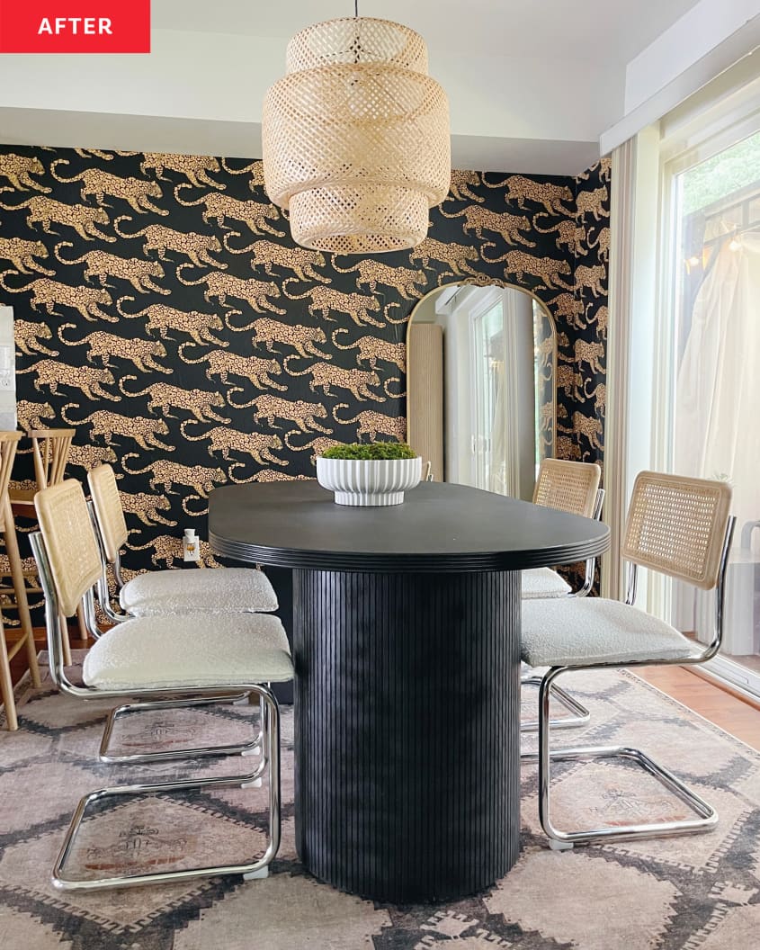After: Dining room with cheetah print wallpaper
