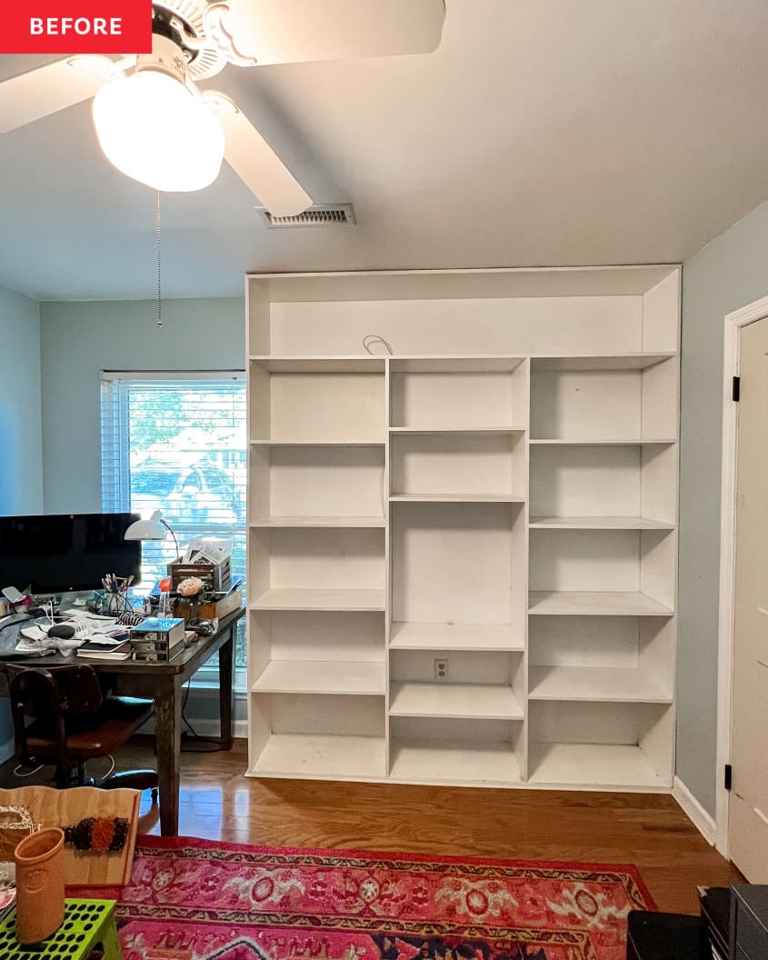 Before: a white floor to ceiling bookcase