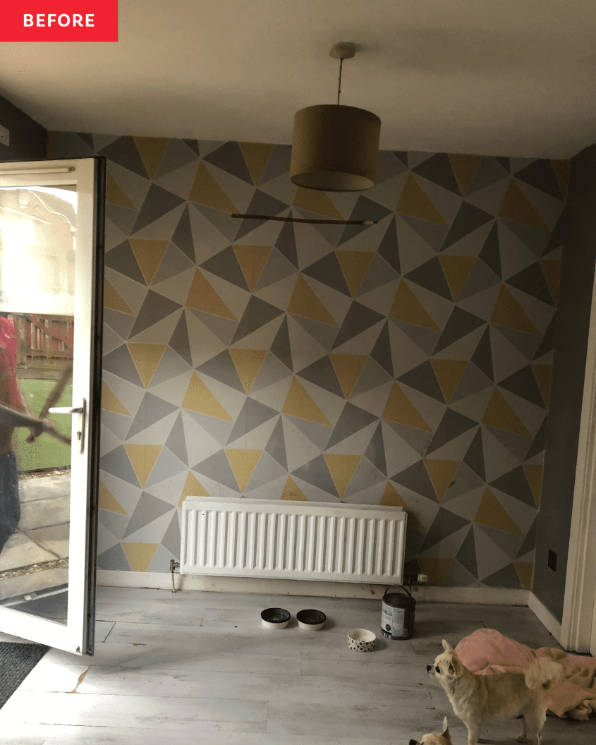 Before: Empty dining room with patterned wallpaper and radiator