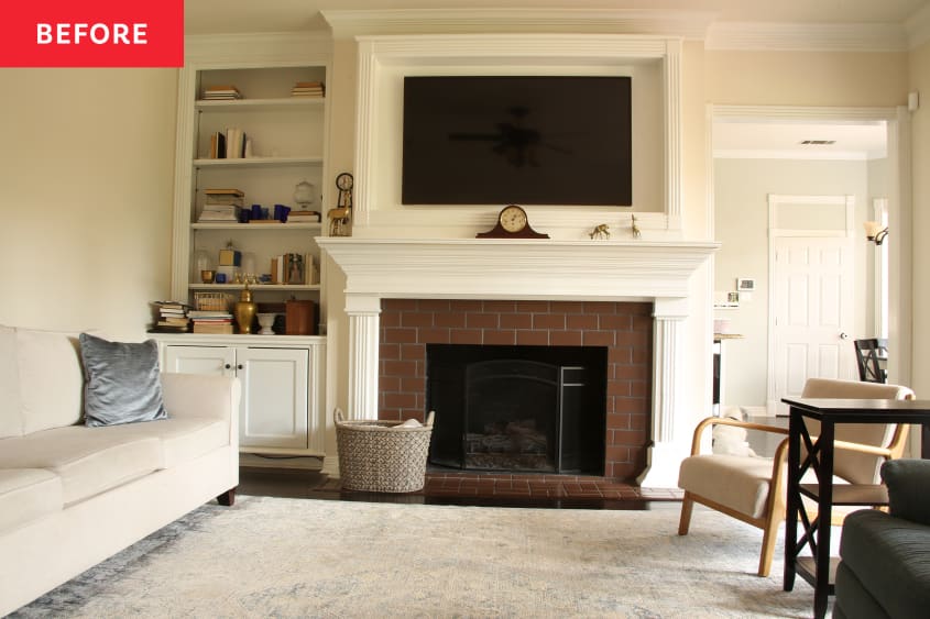 Before: a white living room with a brick fireplace and a white mantle