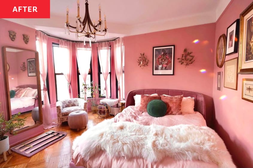 After: a pink bedroom with bay windows