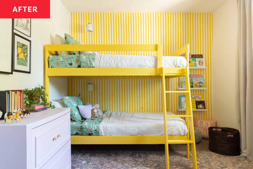 After: a yellow bunk bed with green and white sheets in front of a yellow and white wall