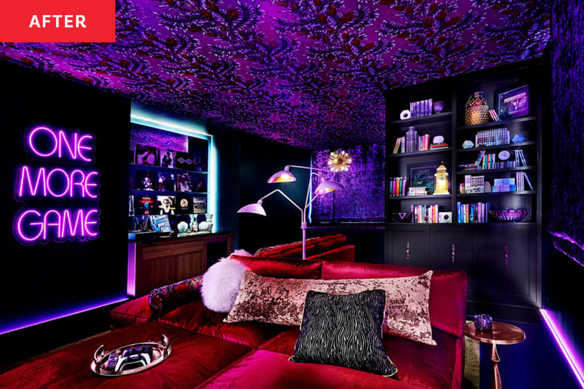media room after transformation/renovation. Hardwood floors, red velvet sofas, sparkly purple ceiling and walls, neon sign saying "ONE MORE GAME", large TV, light up display of records over wood media console with record player