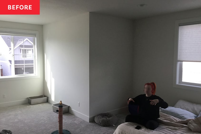 room before renovation/transformation into media room. White walls, gray carpet