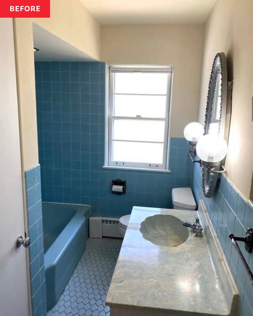 Blue bathroom before renovation.