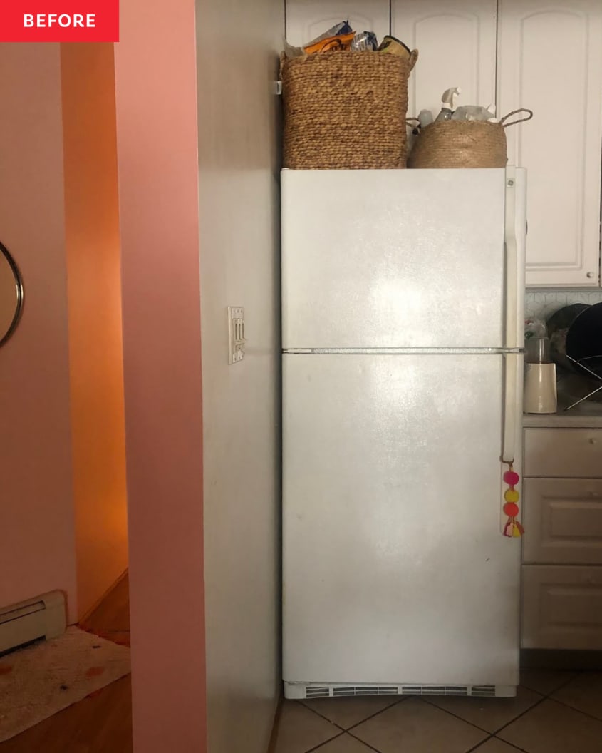 Before: White fridge in apartment