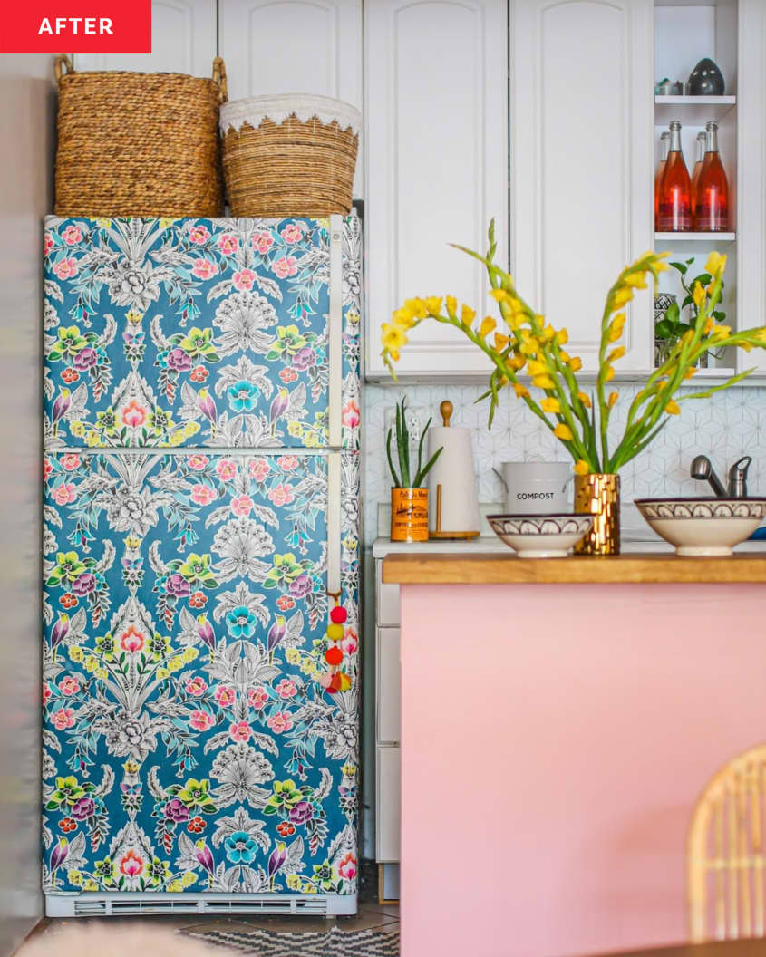 After: Fridge covered with blue patterned wallpaper