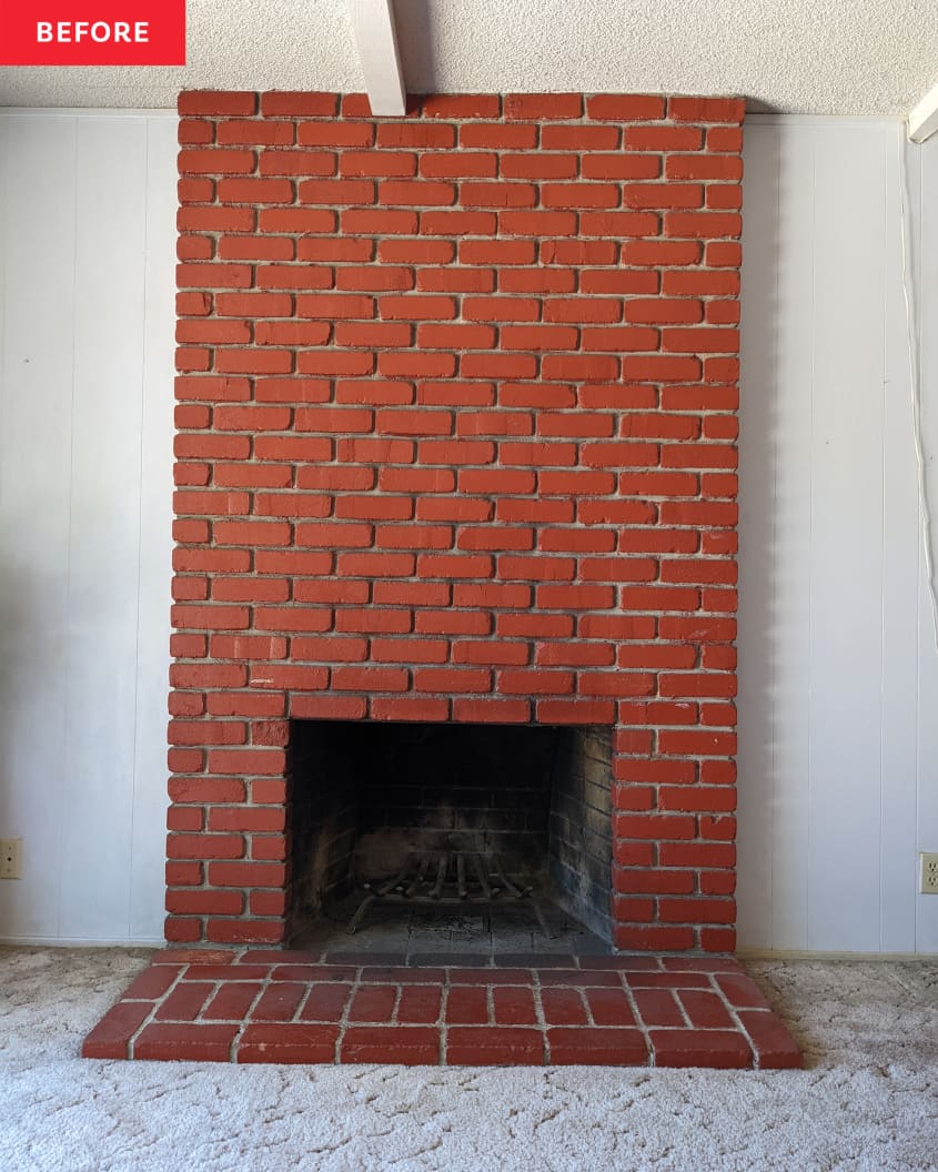 Before: a red brick fireplace
