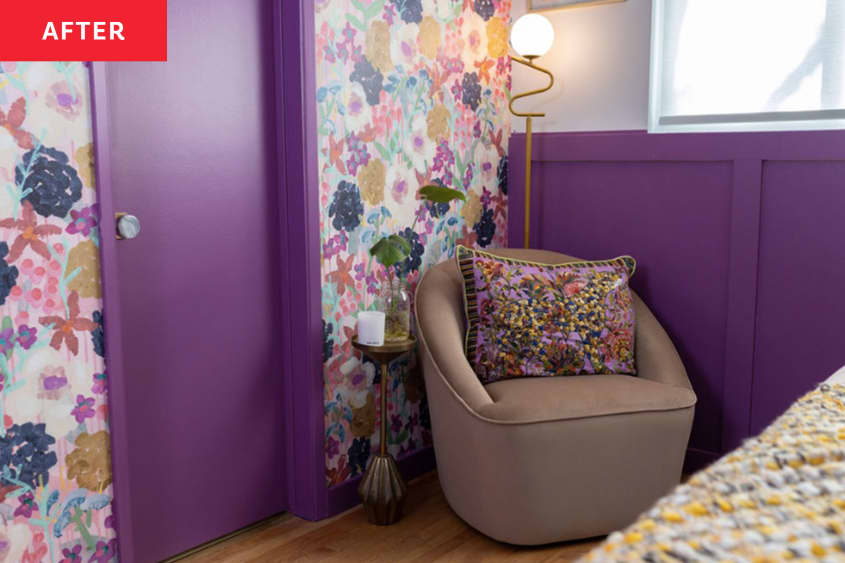 Swivel beige armchair in corner of newly renovated bedroom with floral wallpaper and purple accents throughout.
