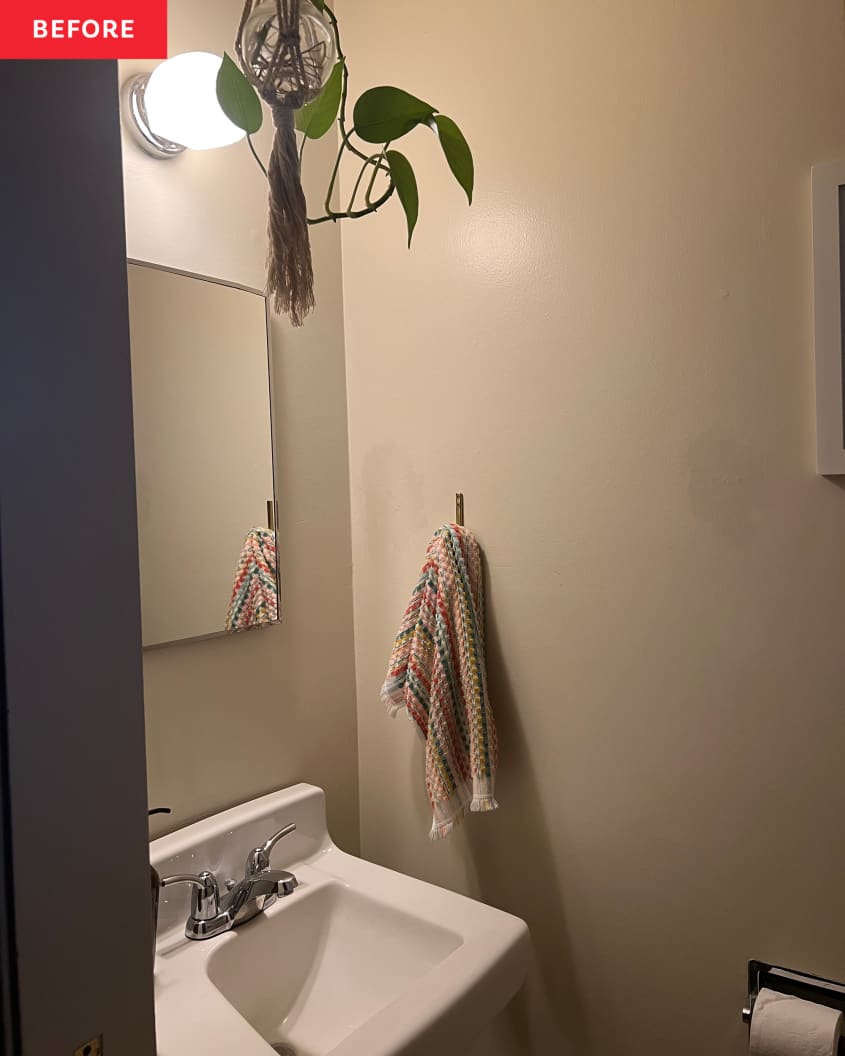 Before: a tan bathroom with a square mirror and sink