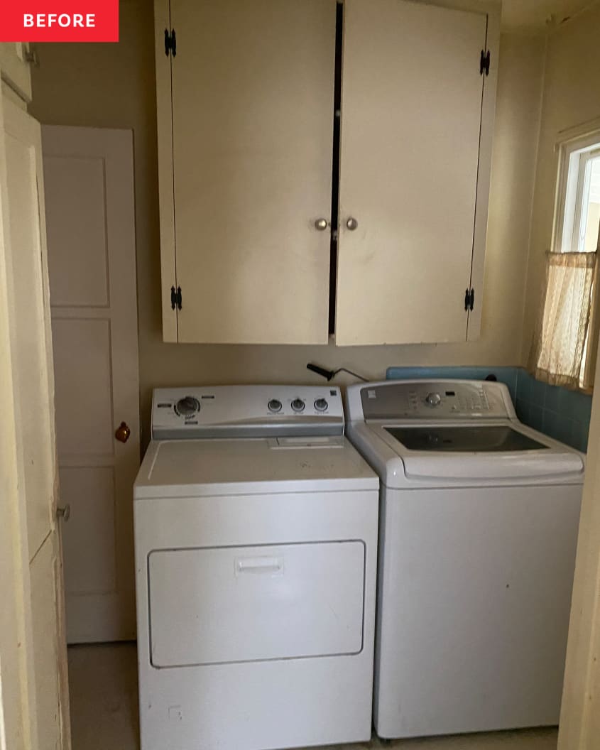 Large cabinet over washer / dryer in home before renovation.