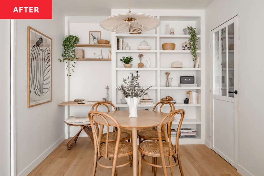 Apartment dining room after renovation. Lots of white, natural wood, natural colors