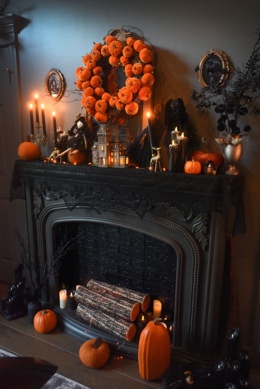 Halloween decorated fireplace.
