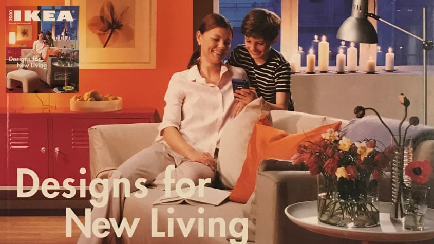 IKEA catalog cover with mother and son sitting on couch from 2000