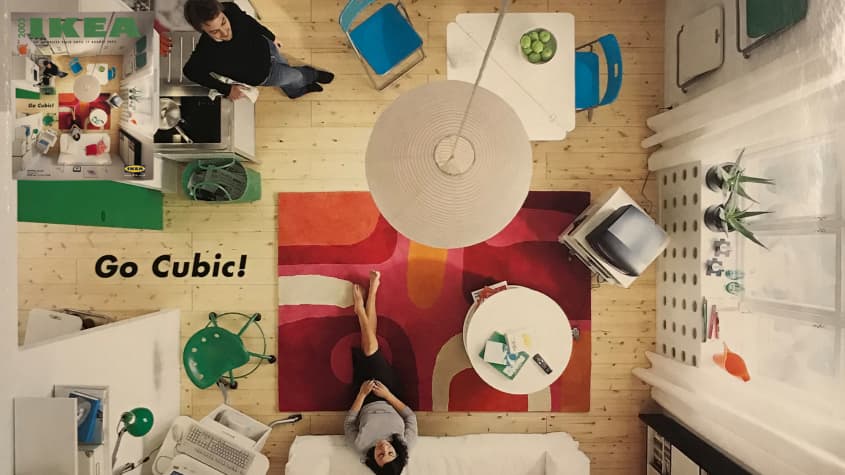 IKEA catalog cover with bird's-eye view of two people at home