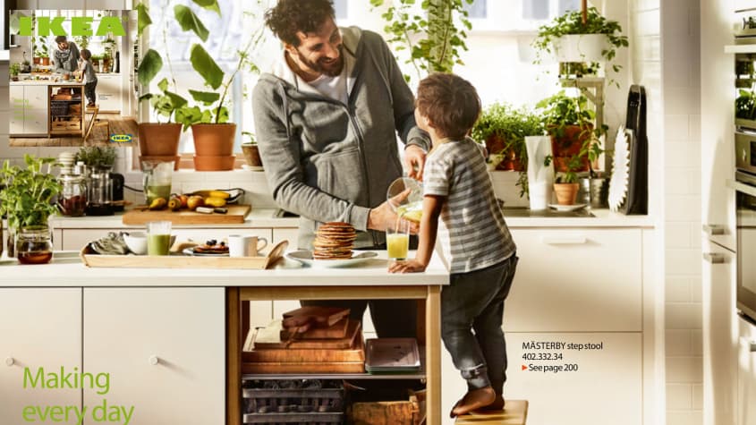 IKEA catalog cover from 2015 with father and son in kitchen