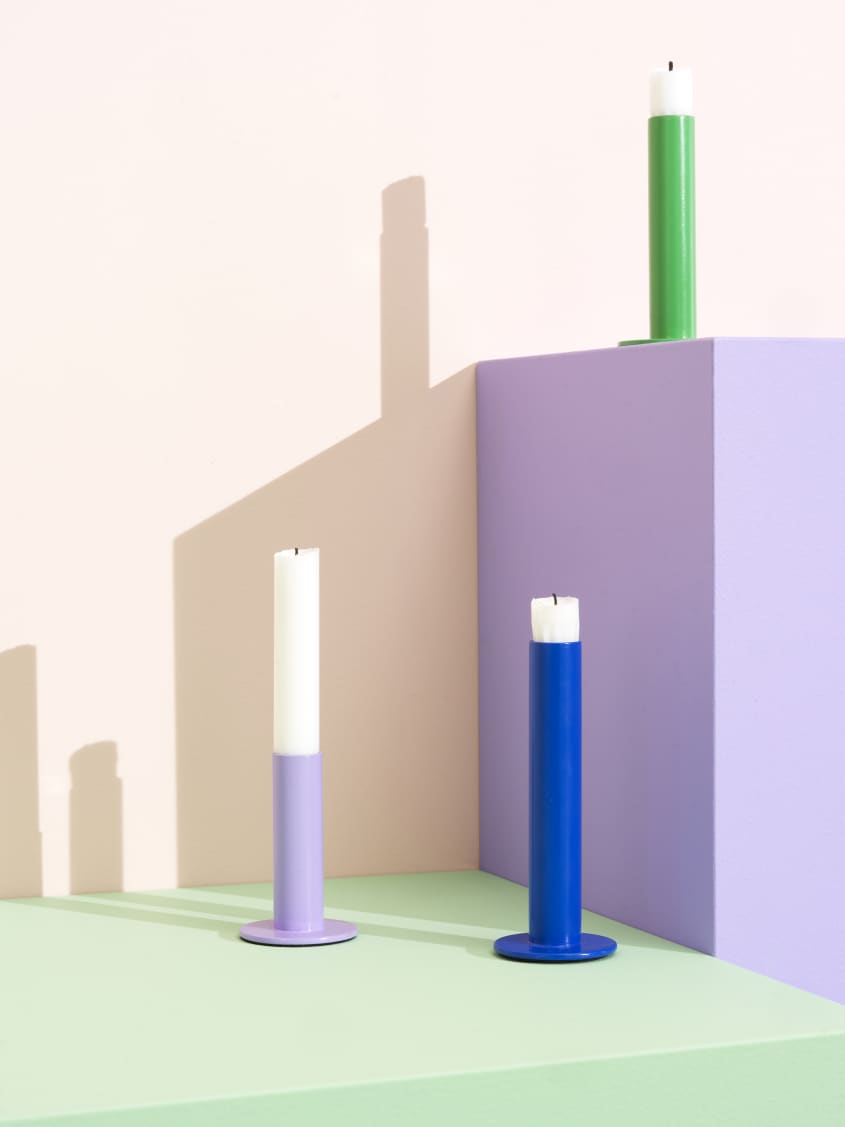Colorful studio photo of items from the IKEA 80th anniversary Nytillverkad collection - candle holders