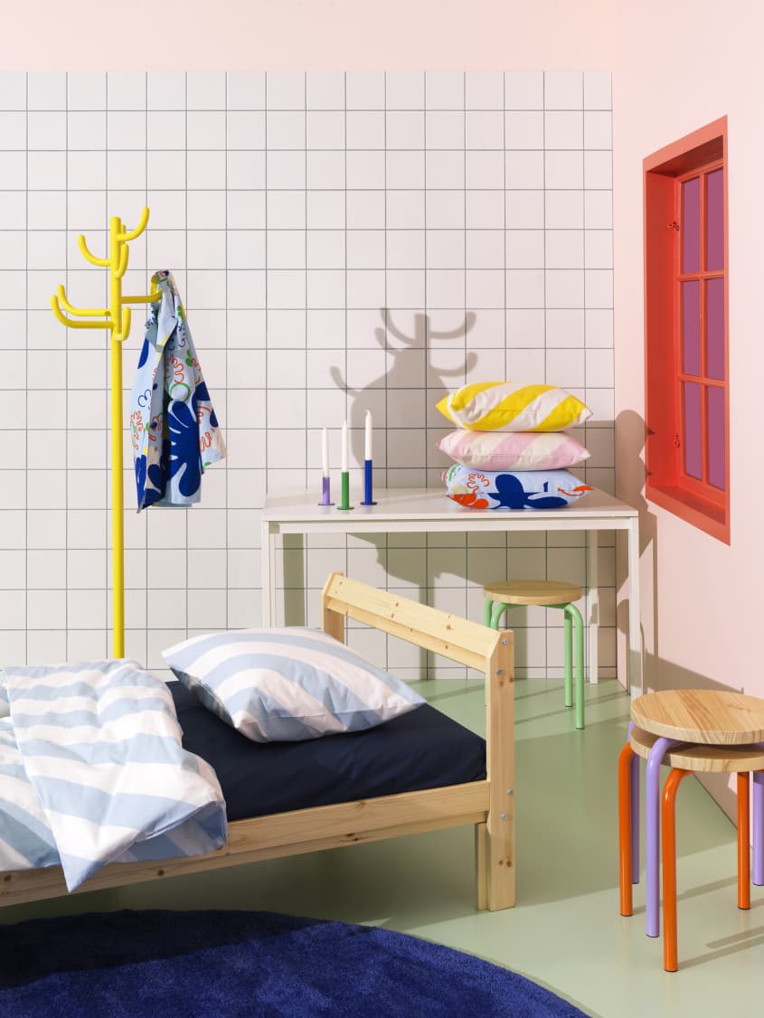 Colorful studio photo of items from the IKEA 80th anniversary Nytillverkad collection