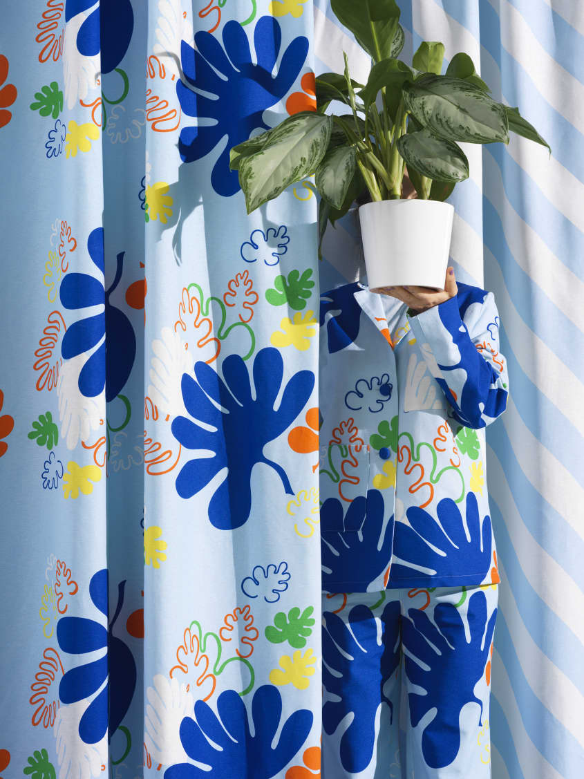 Colorful studio photo of items from the IKEA 80th anniversary Nytillverkad collection - printed curtains