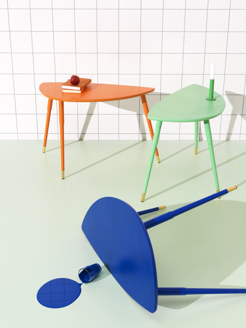 Colorful studio photo of items from the IKEA 80th anniversary Nytillverkad collection - tables