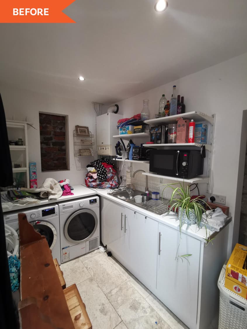 Before: laundry room with crowded shelves and white walls
