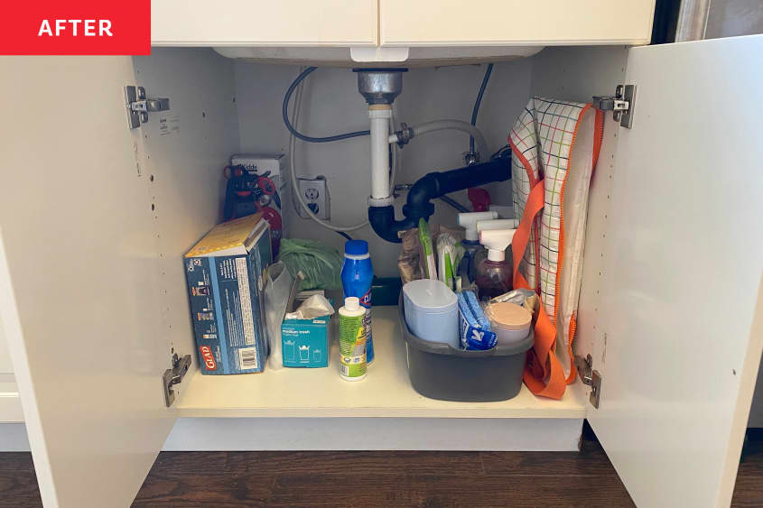 kitchen under-sink cabinet after decluttering/organizing