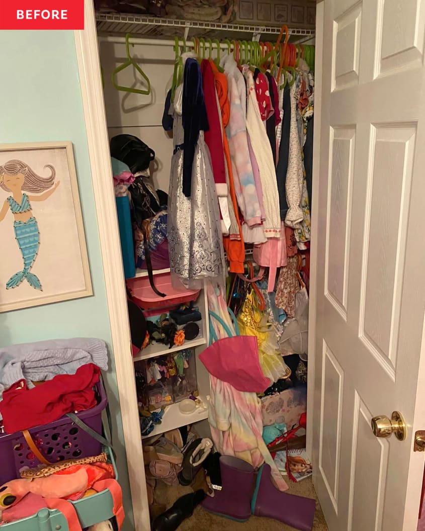 kids' closet that's unorganized, slightly messy.
