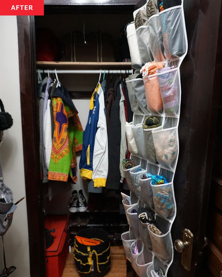After: a closet with a brown wooden door and a shoe organizer hanging from the door