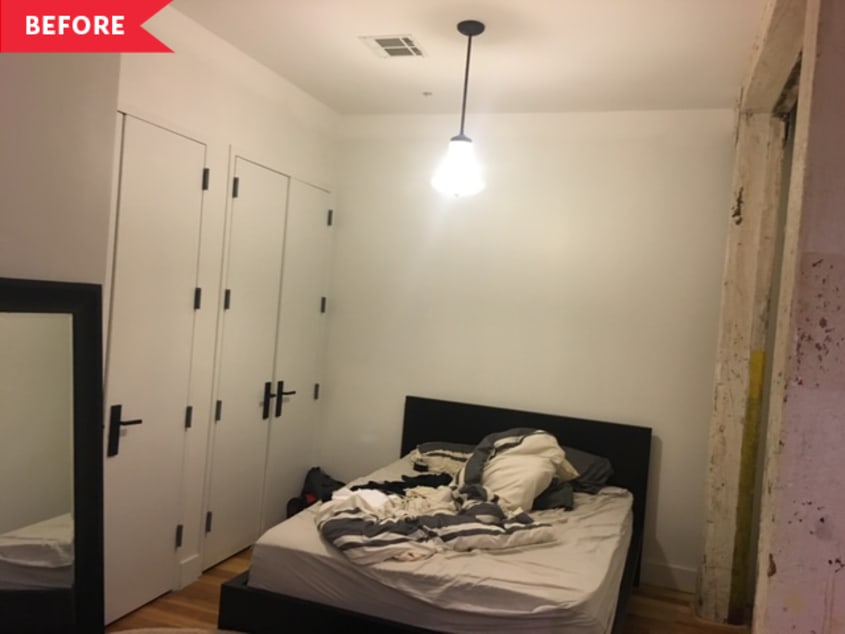 Before: Bedroom with pendant light in center