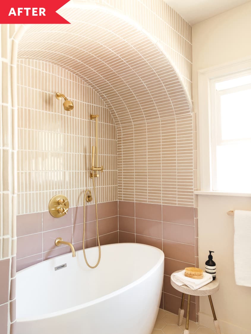 1920s bathroom after being designed by Anne Sage with Fireclay Tile and BOXI Cabinetry