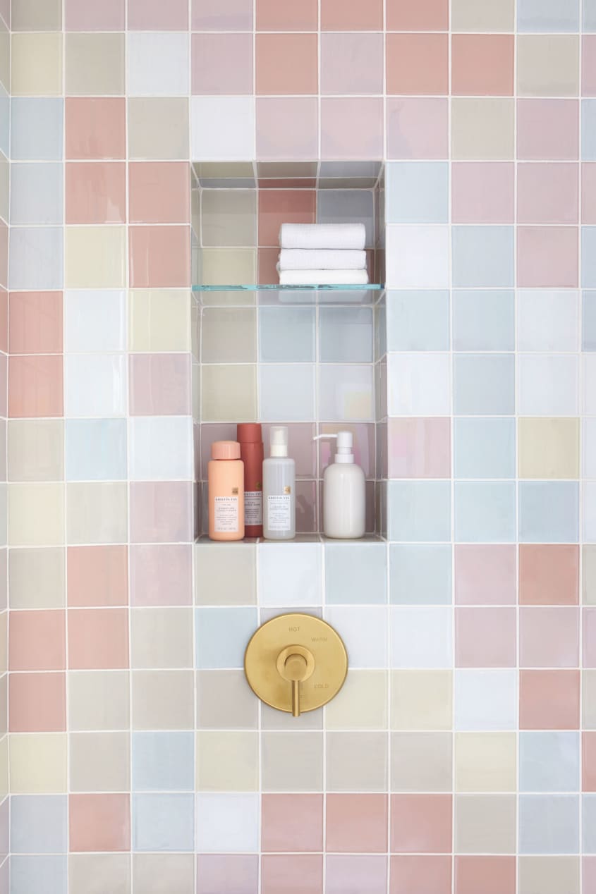 Multicolored square tiles in shower