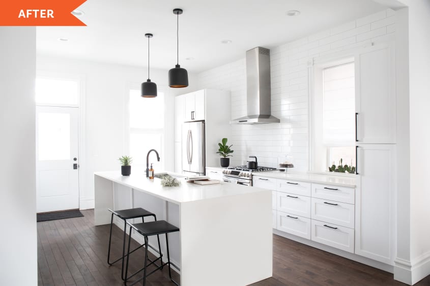 all white kitchen after, appliance wall