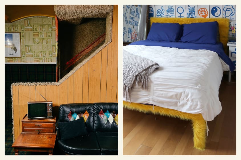 2 photos side by side. Left: the inspiration, and right, the room inspired by it. Left: Interior of Ray's bar. The walls are wood paneled, stairway area (walls, ceiling) covered with shag carpeting. Right: Bed with entire frame and headboard covered with gold shag fur