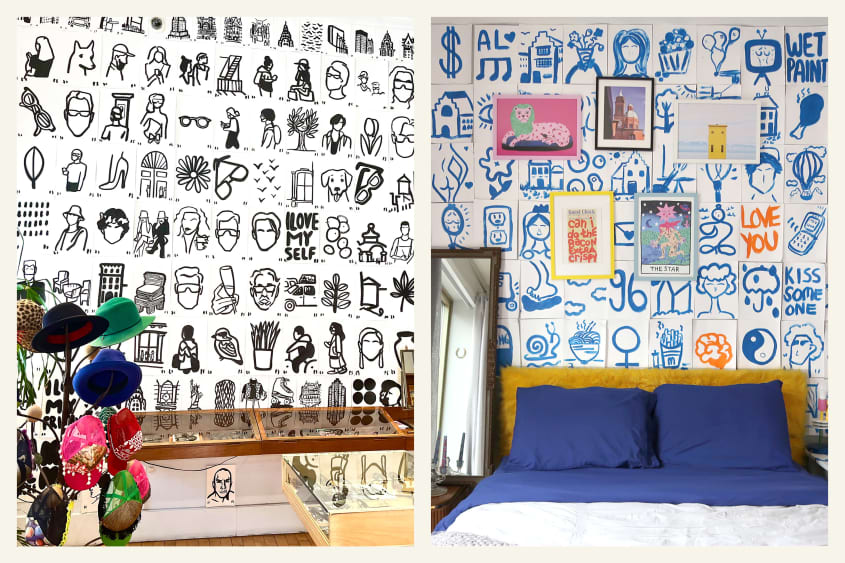 2 photos side by side. Left, the inspiration; right, the room inspired by it. Left: White wall covered with black drawings and words in Selima Optique. Right: Bedroom with white wall behind bed with blue drawings and words