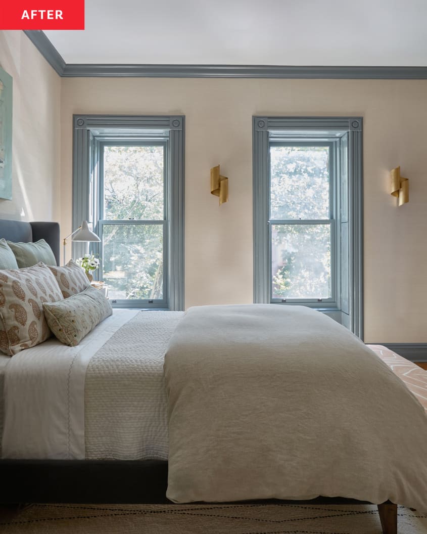 Pale blue painted trim in newly renovated bedroom.
