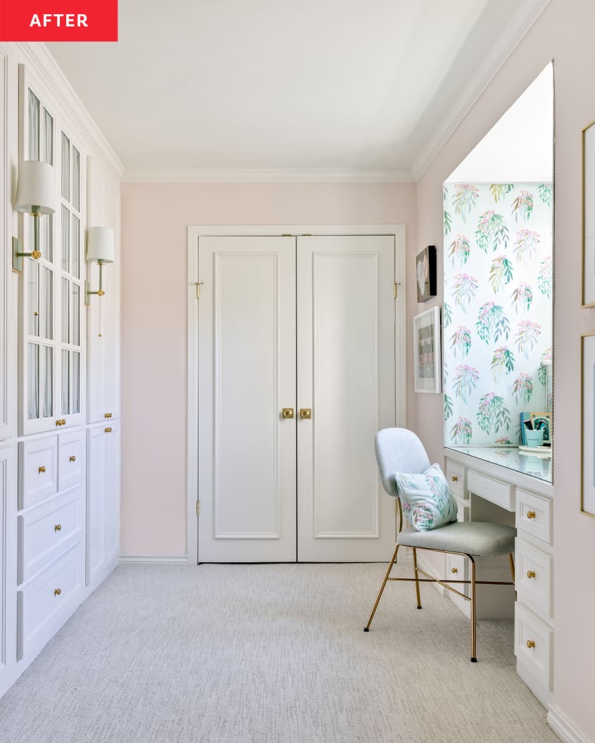 Light pink painted walls with built in storage in teen bedroom.