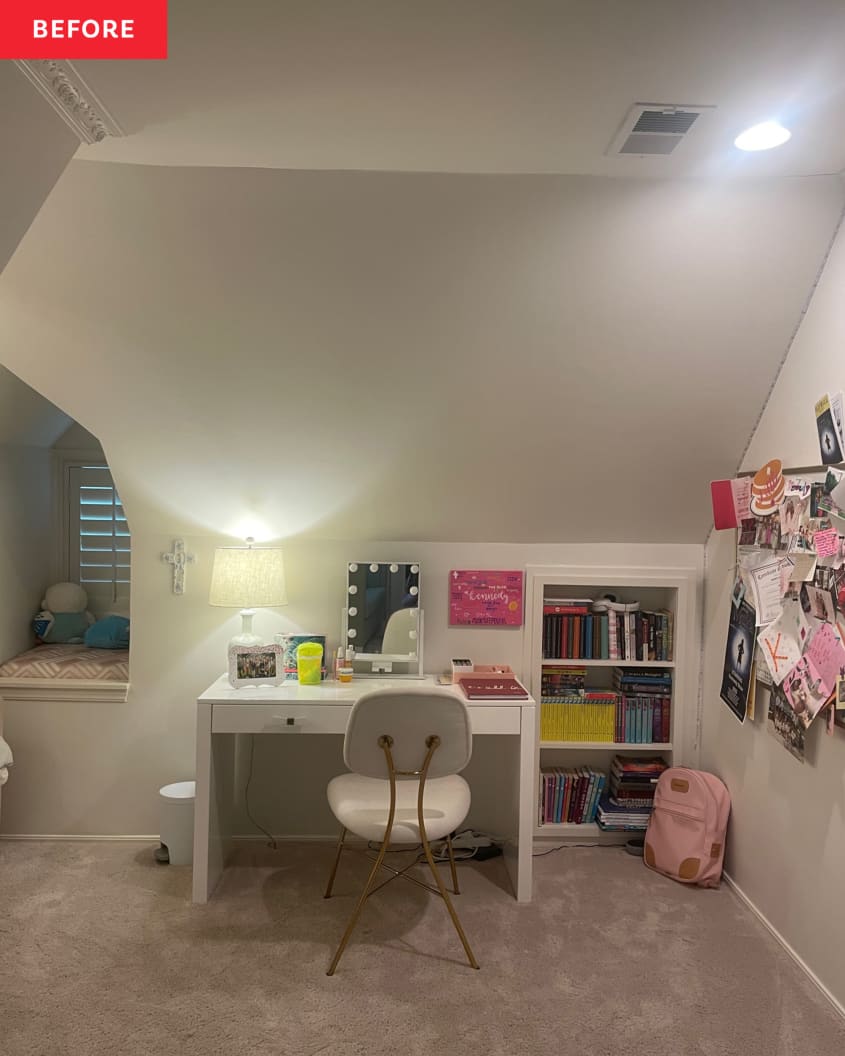 Desk area of teen bedroom before renovation.