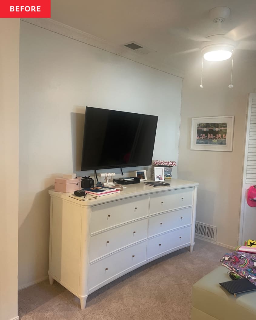 Dresser with television on top in teen bedroom.