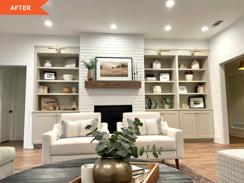Living room with fireplace top and built in shelves