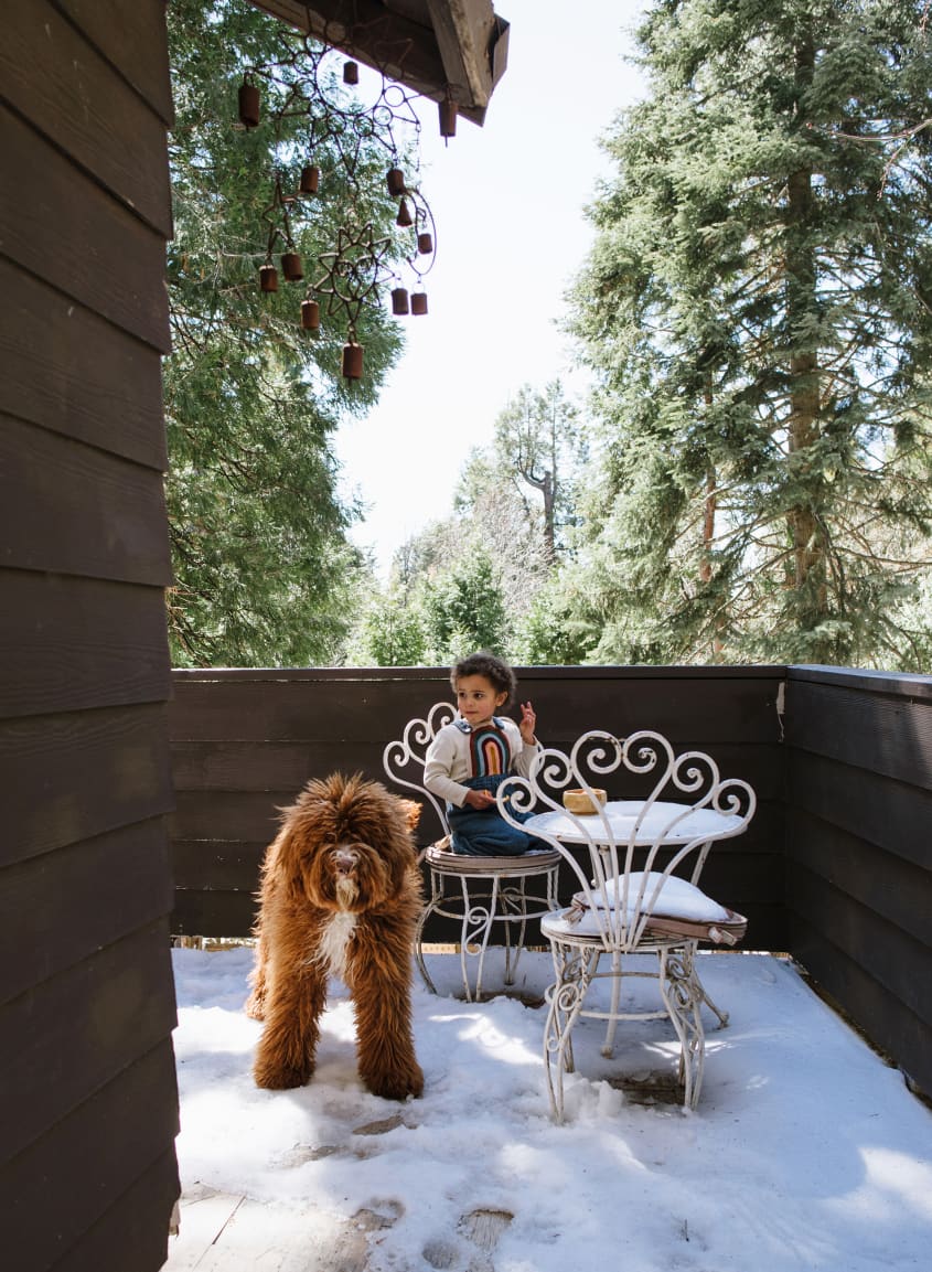 child and dog sitting outside on snowy deck, trees in background