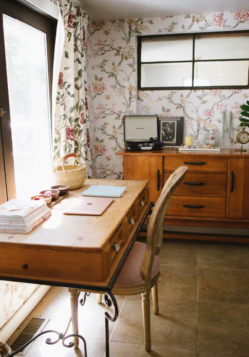 desk and credenza, floral wallpaper