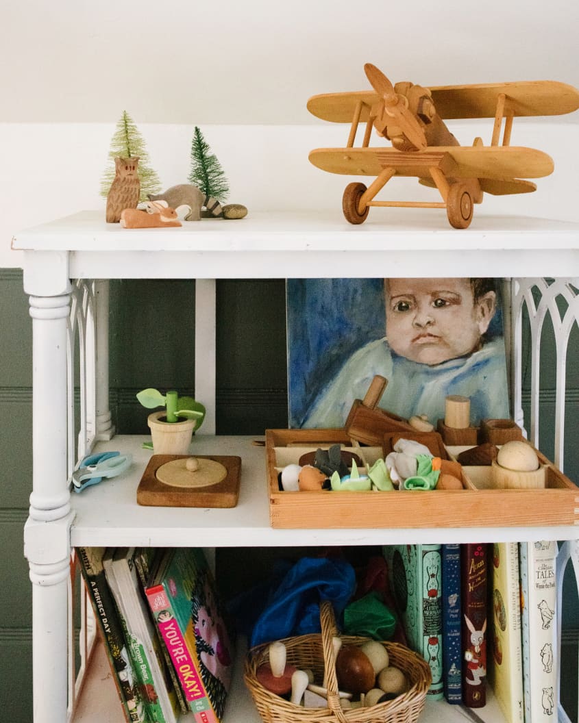 detail of shelves in kids room