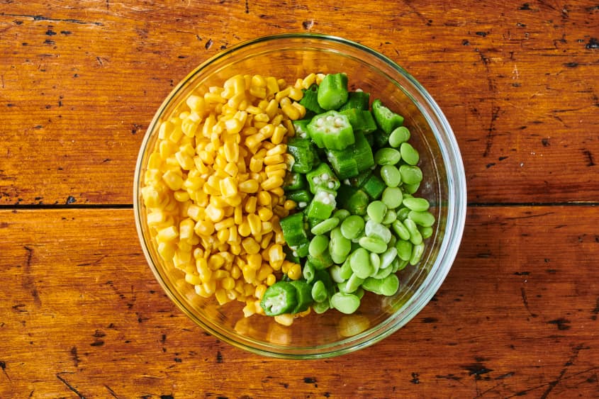 Frozen corn, lima beans, and okra