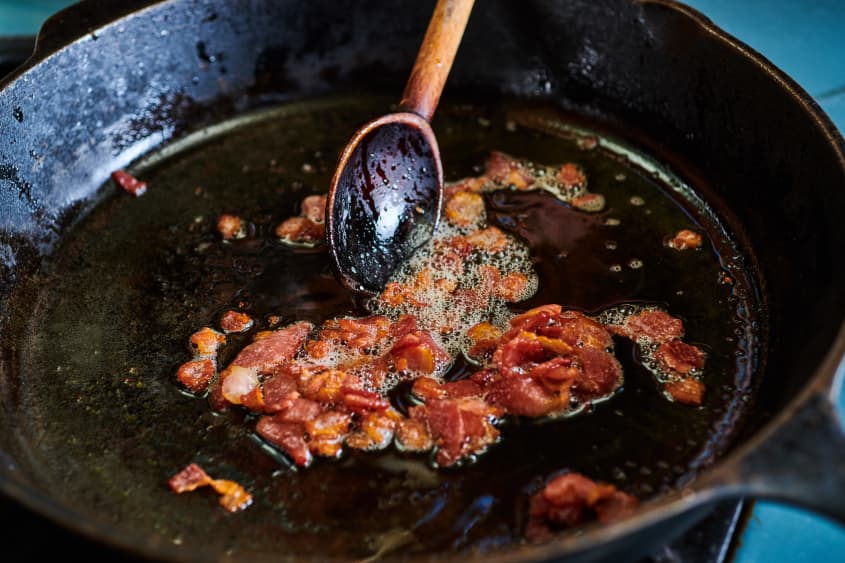 frying bacon pieces in cast iron
