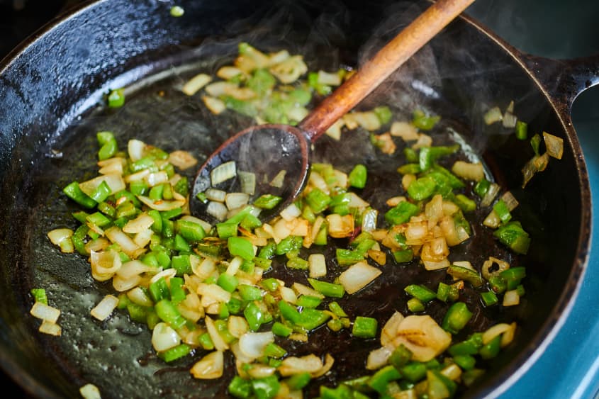 Sauteing green pepper and onions in cast iron pan