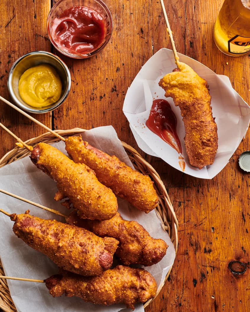 corndogs with ketchup and mustard