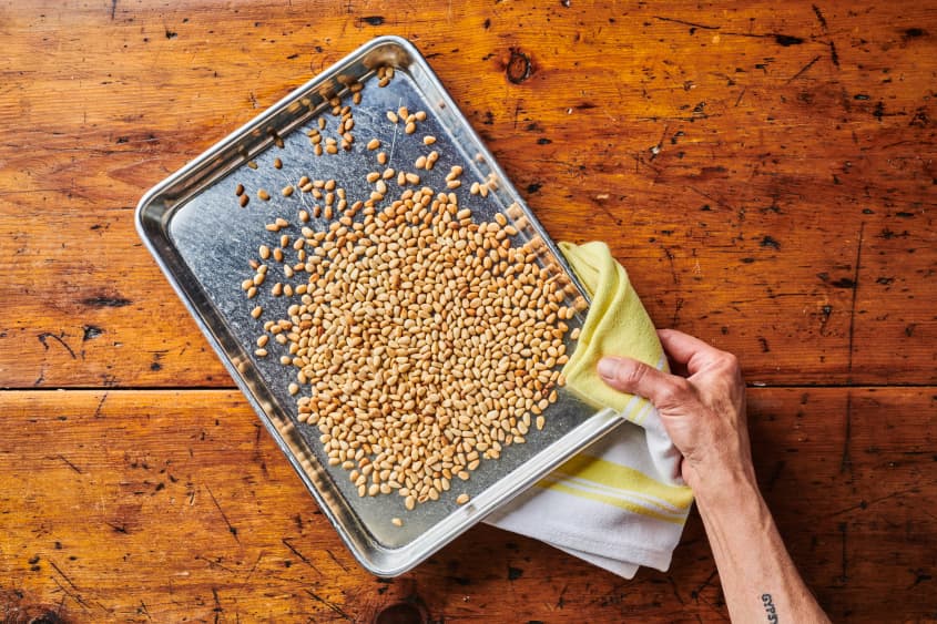 baking sheet of toasted pine nuts