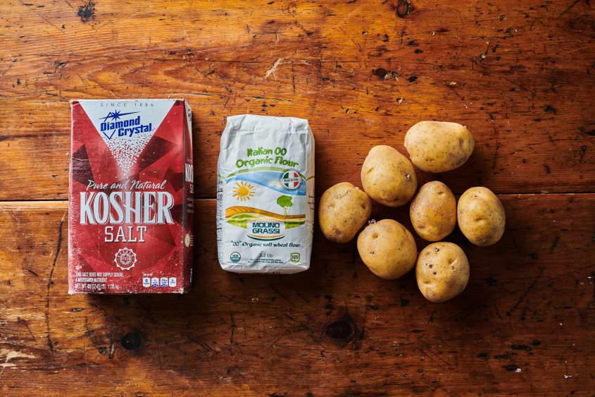 Gnocchi ingredient line-up; left to right: Kosher salt, OO flour, potatoes.