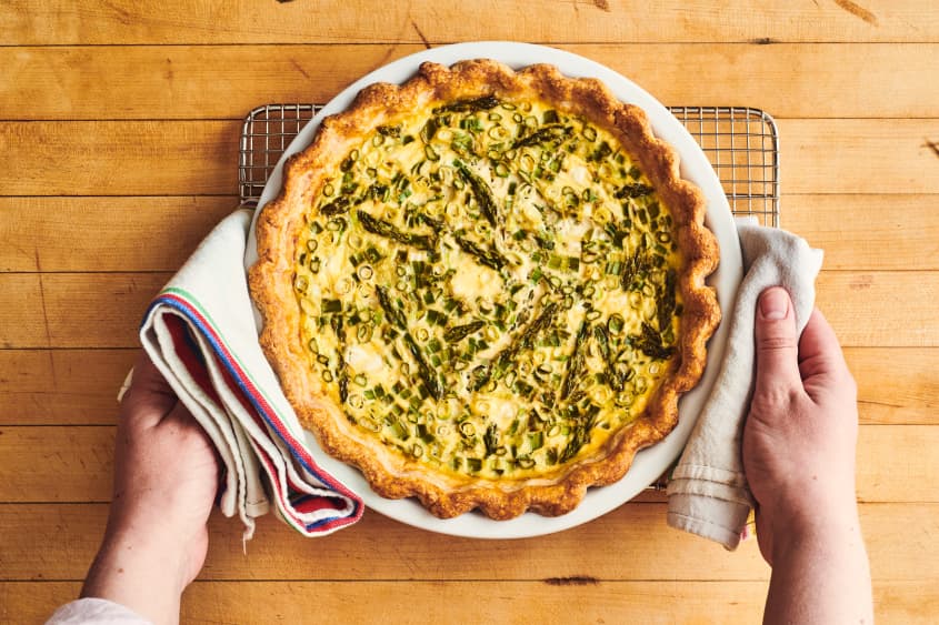 asparagus quiche on cooling rack
